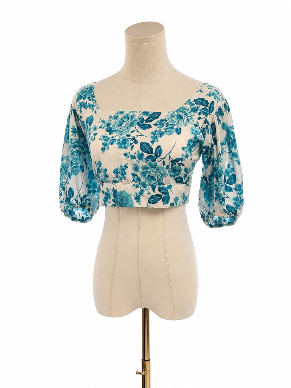Band of the Free Blue Floral Cropped Smocked Back Puff Sleeve Top Size Small